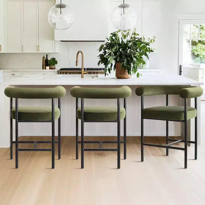Set of 3 Luxury Velvet Counter Stools with Arms, 24 Wide Seat Modern Bar Chairs for Large Kitchen Island