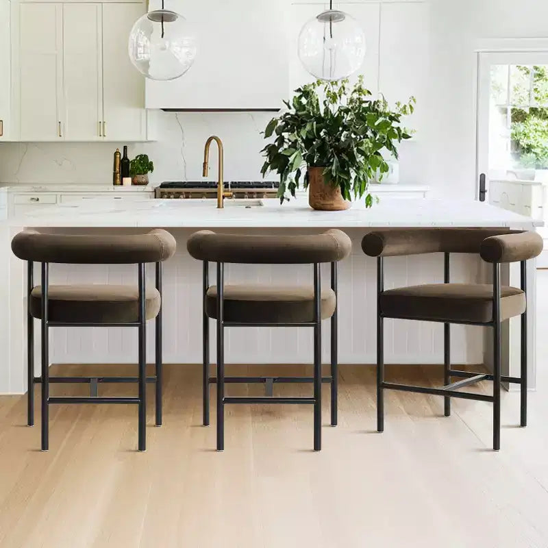 Set of 3 Luxury Velvet Counter Stools with Arms, 24 Wide Seat Modern Bar Chairs for Large Kitchen Island