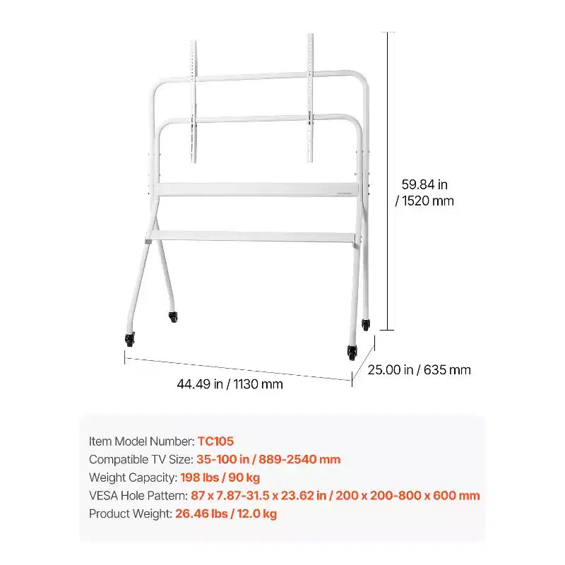 Rolling TV Stand, Mobile TV Cart for 35-100 Inch LED/LCD/OLED Flat/Curved TVs, Portable Monitor Stand with Wheels Hold up to 198 lbs, White
