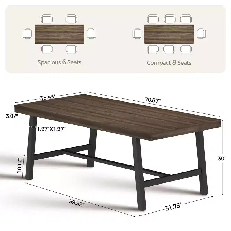 71 Large Dining Table, Farmhouse Dining Table for 8-12, Brown Wood 6-10 Seater w/Adjustable Feet, Kitchen/Dining/Living Room