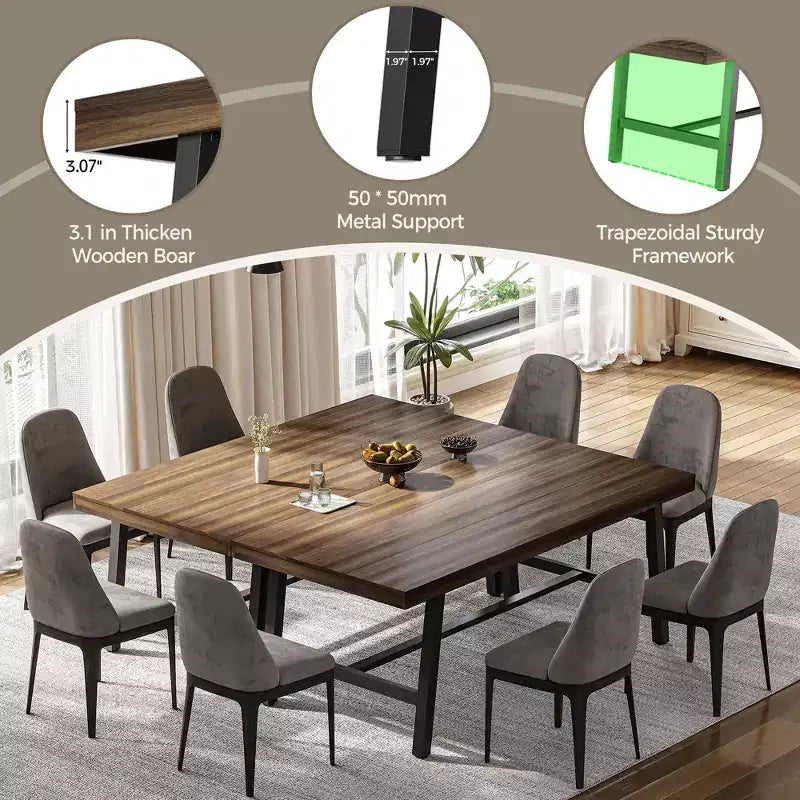 71 Large Dining Table, Farmhouse Dining Table for 8-12, Brown Wood 6-10 Seater w/Adjustable Feet, Kitchen/Dining/Living Room