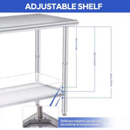 Werkbank van roestvrij staal, commerciële keukenwerktafel met 2 niveaus, planken en haken, robuuste werkbank, geschikt voor restaurants en garages