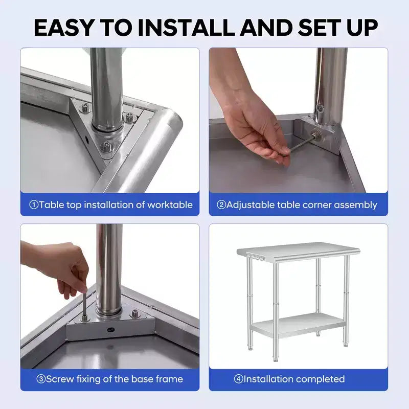 Stainless Steel Workbench, 2-Tier Commercial Kitchen Prep Table, with Shelves and Hooks, Heavy-Duty Workbench, Suitable for Restaurants and Garages