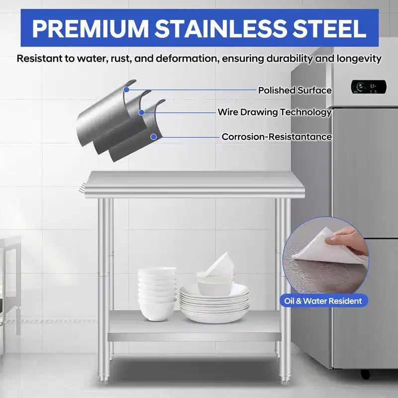 Stainless Steel Workbench, 2-Tier Commercial Kitchen Prep Table, with Shelves and Hooks, Heavy-Duty Workbench, Suitable for Restaurants and Garages