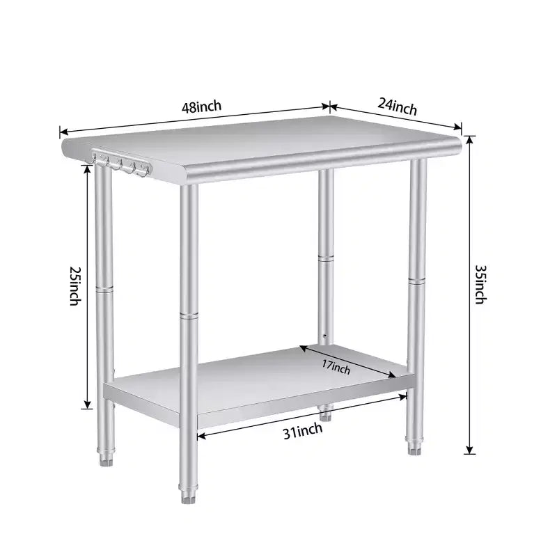 Stainless Steel Workbench, 2-Tier Commercial Kitchen Prep Table, with Shelves and Hooks, Heavy-Duty Workbench, Suitable for Restaurants and Garages