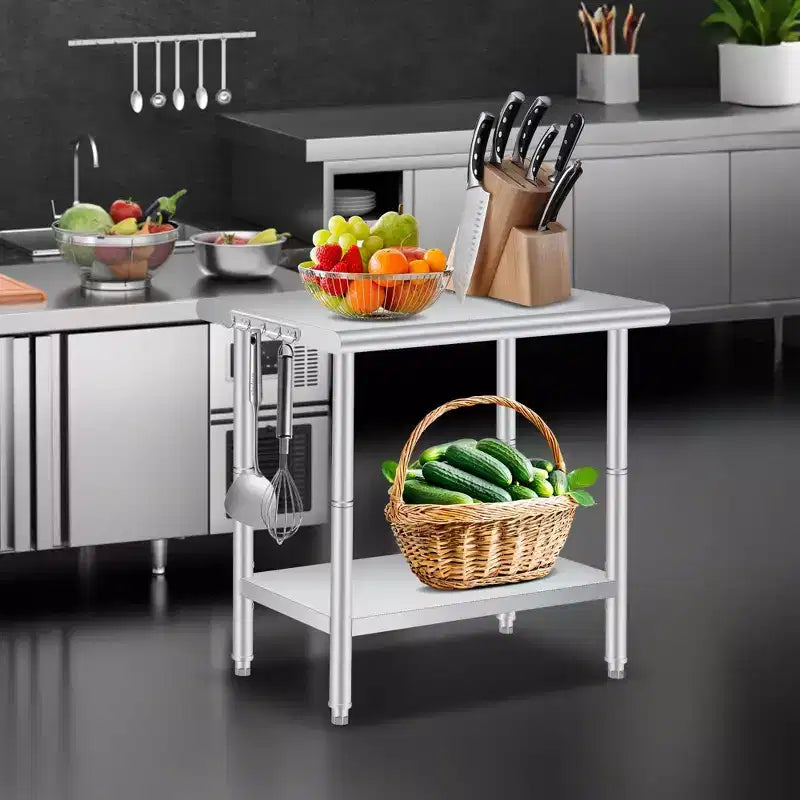 Stainless Steel Workbench, 2-Tier Commercial Kitchen Prep Table, with Shelves and Hooks, Heavy-Duty Workbench, Suitable for Restaurants and Garages
