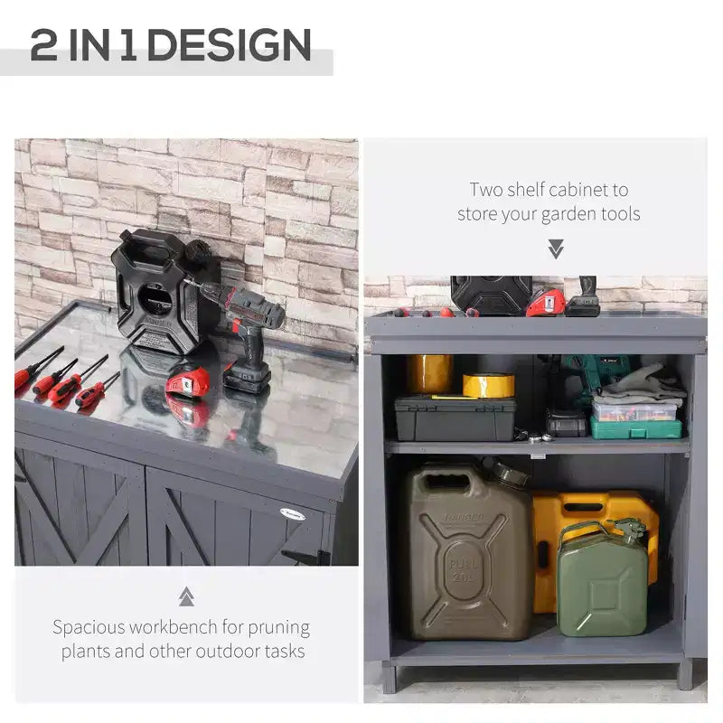 Outdoor Storage Cabinet, Outdoor Tool Shed with Galvanized Top and Two Shelves for Yard Tools or Pool Accessories, Gray