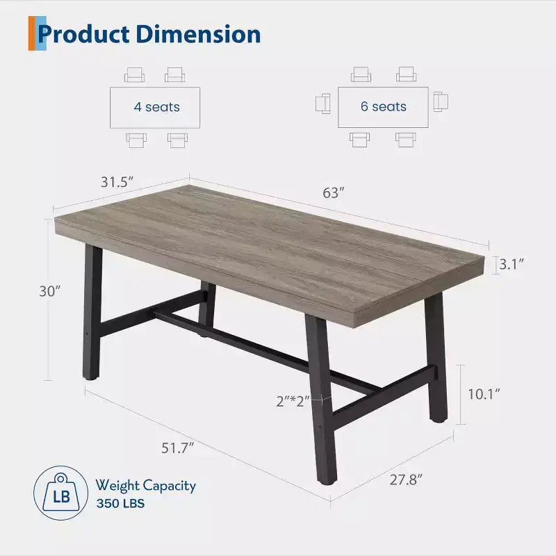 Industrial Rustic Dining Table for 4-6 63 Rectangular Tabletop with Heavy-Duty Metal Legs Durable & Easy to Assemble Kitchen