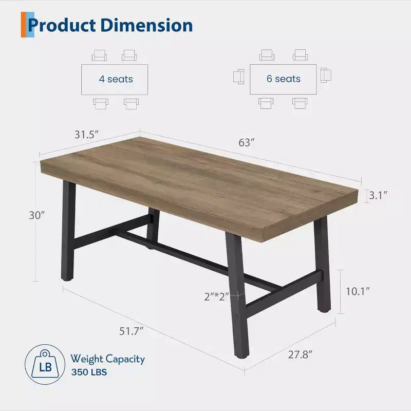 Industrial Rustic Dining Table for 4-6 63 Rectangular Tabletop with Heavy-Duty Metal Legs Durable & Easy to Assemble Kitchen