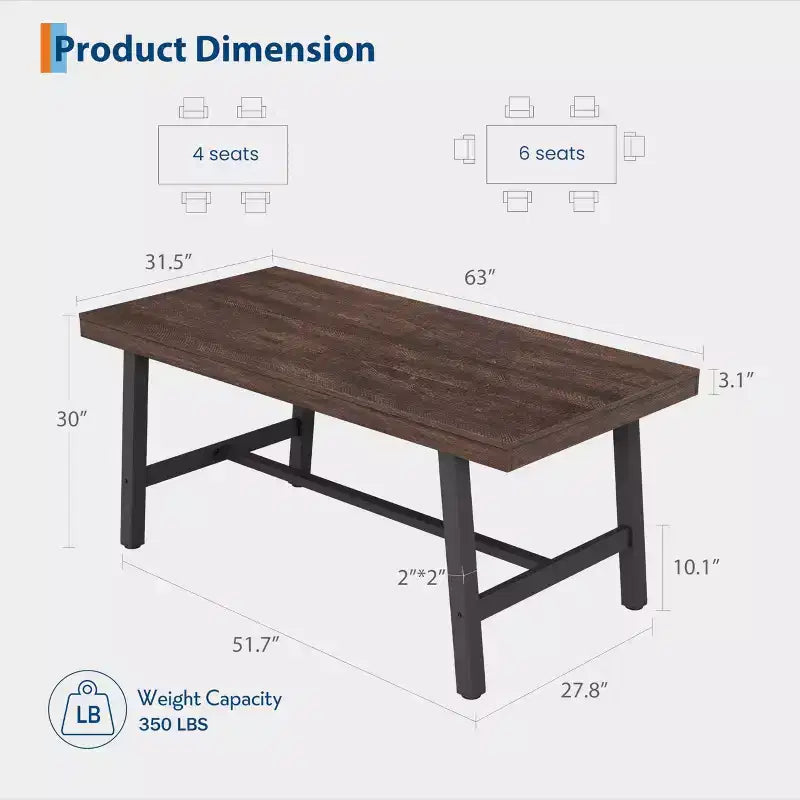 Industrial Rustic Dining Table for 4-6 63 Rectangular Tabletop with Heavy-Duty Metal Legs Durable & Easy to Assemble Kitchen