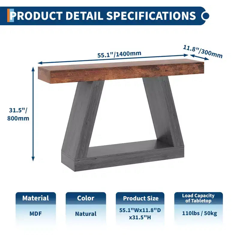 55 Inch Narrow Console Table - 2-Tier Entryway Sofa Table for Hallway, Living Room, Foyer, Office - Slim Behind Couch Side Table