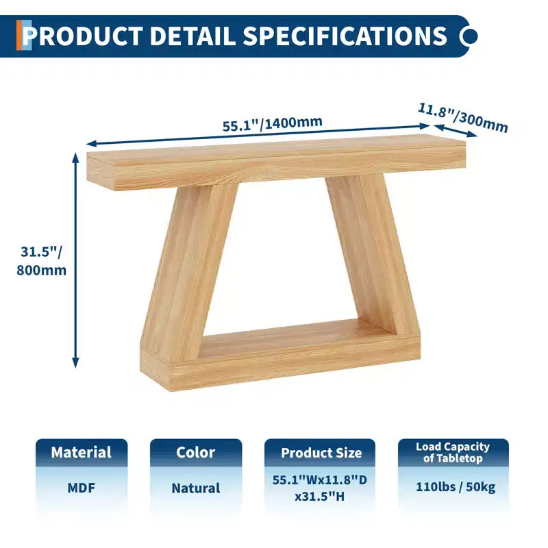 55 Inch Narrow Console Table - 2-Tier Entryway Sofa Table for Hallway, Living Room, Foyer, Office - Slim Behind Couch Side Table