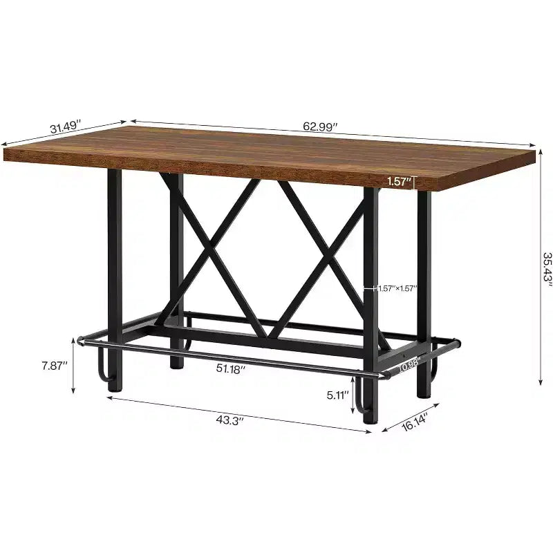 63-Inch Bar Table, Industrial Counter Height Pub Table with Metal Footrest for Dining Room, Home Bar, Brown