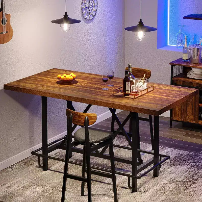 63-Inch Bar Table, Industrial Counter Height Pub Table with Metal Footrest for Dining Room, Home Bar, Brown