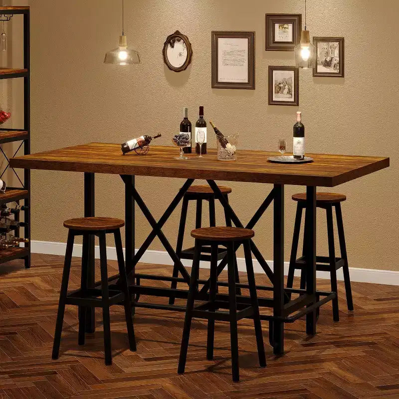 63-Inch Bar Table, Industrial Counter Height Pub Table with Metal Footrest for Dining Room, Home Bar, Brown