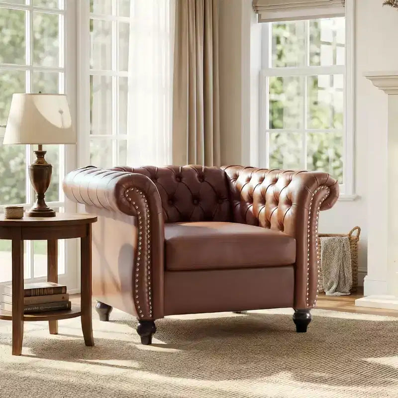 Poltrona Chesterfield vintage con rivestimento in PU e braccioli a voluta, gambe in legno massello, divano a seduta singola per soggiorno o ufficio
