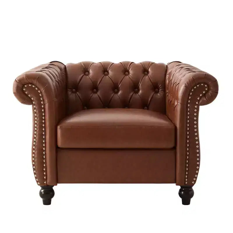 Vintage Chesterfield Accent Chair with PU Upholstery and Scrolled Arms, Solid Wood Legs, Single Seat Sofa for Living Room or Office
