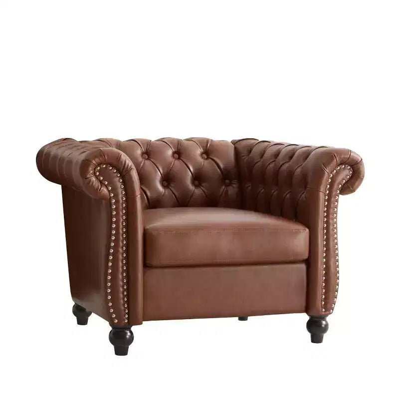 Vintage Chesterfield Accent Chair with PU Upholstery and Scrolled Arms, Solid Wood Legs, Single Seat Sofa for Living Room or Office