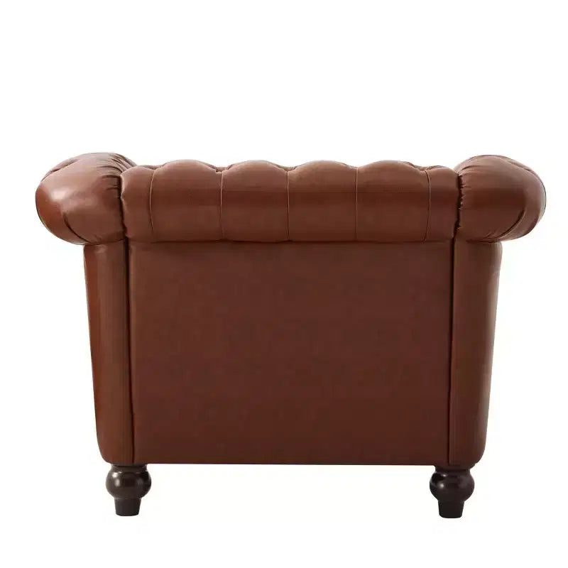 Poltrona Chesterfield vintage con rivestimento in PU e braccioli a voluta, gambe in legno massello, divano a seduta singola per soggiorno o ufficio