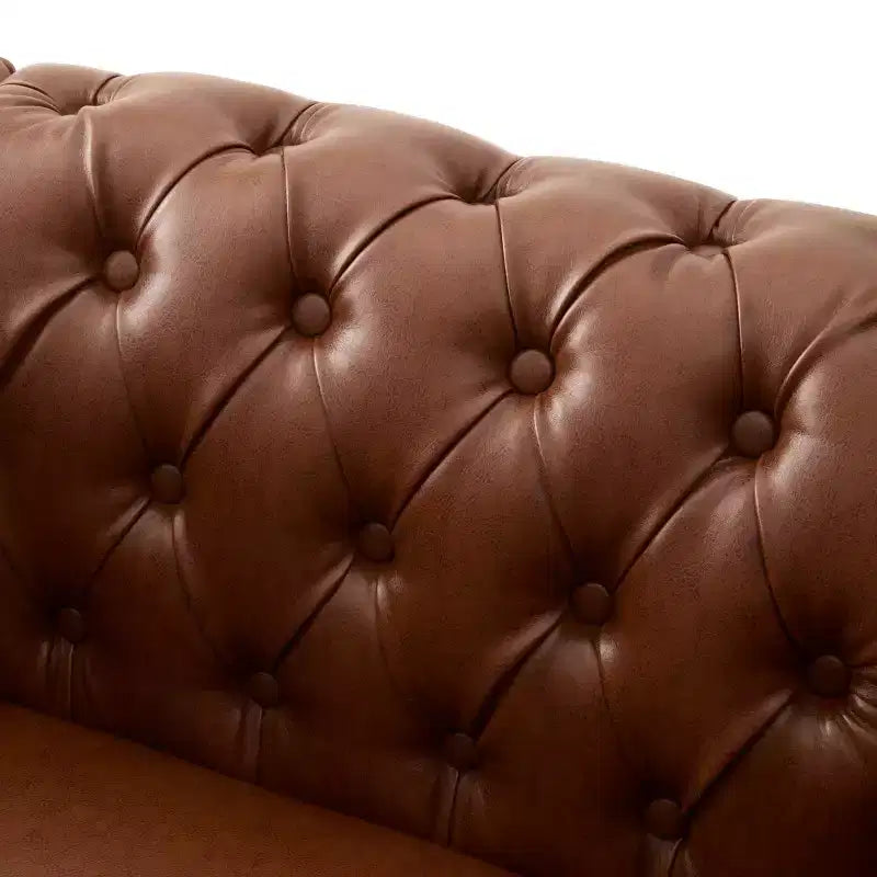 Poltrona Chesterfield vintage con rivestimento in PU e braccioli a voluta, gambe in legno massello, divano a seduta singola per soggiorno o ufficio