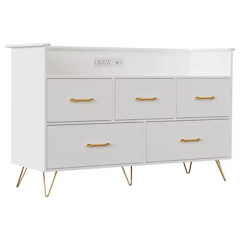 Modern Dresser for Bedroom, Wooden Dresser Storage Cabinet with LED Lights & Charging Station, White Chest of Drawers for Closet, Hallway, Entryway