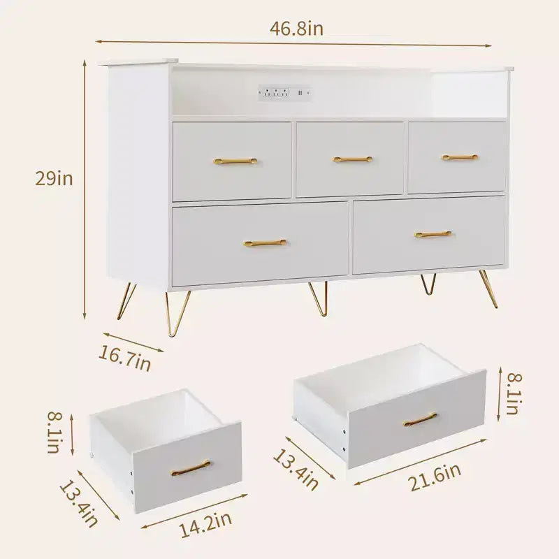 Modern Dresser for Bedroom, Wooden Dresser Storage Cabinet with LED Lights & Charging Station, White Chest of Drawers for Closet, Hallway, Entryway