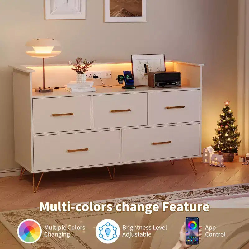 Modern Dresser for Bedroom, Wooden Dresser Storage Cabinet with LED Lights & Charging Station, White Chest of Drawers for Closet, Hallway, Entryway