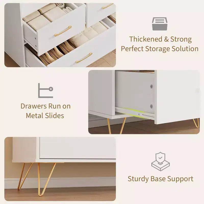 Modern Dresser for Bedroom, Wooden Dresser Storage Cabinet with LED Lights & Charging Station, White Chest of Drawers for Closet, Hallway, Entryway
