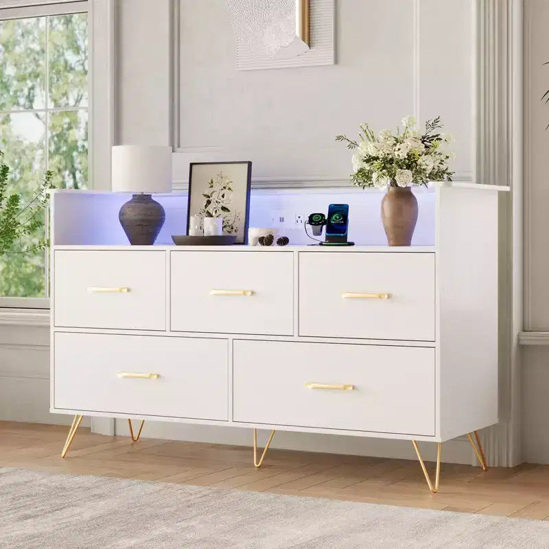 Modern Dresser for Bedroom, Wooden Dresser Storage Cabinet with LED Lights & Charging Station, White Chest of Drawers for Closet, Hallway, Entryway