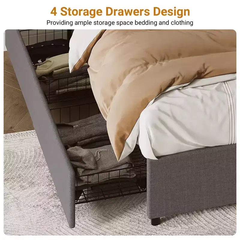 Platform Bed Frame with 4 Storage Drawers, Fabric Upholstered, Wooden Slats Support, No Box Spring Needed, Noise Free, Easy Assembly