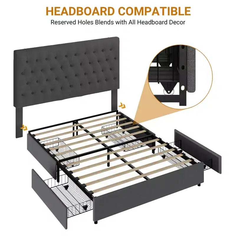 Platform Bed Frame with 4 Storage Drawers, Fabric Upholstered, Wooden Slats Support, No Box Spring Needed, Noise Free, Easy Assembly