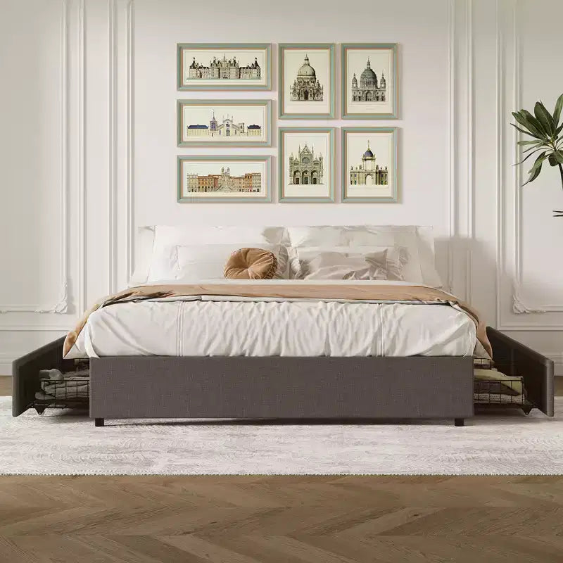 Platform Bed Frame with 4 Storage Drawers, Fabric Upholstered, Wooden Slats Support, No Box Spring Needed, Noise Free, Easy Assembly