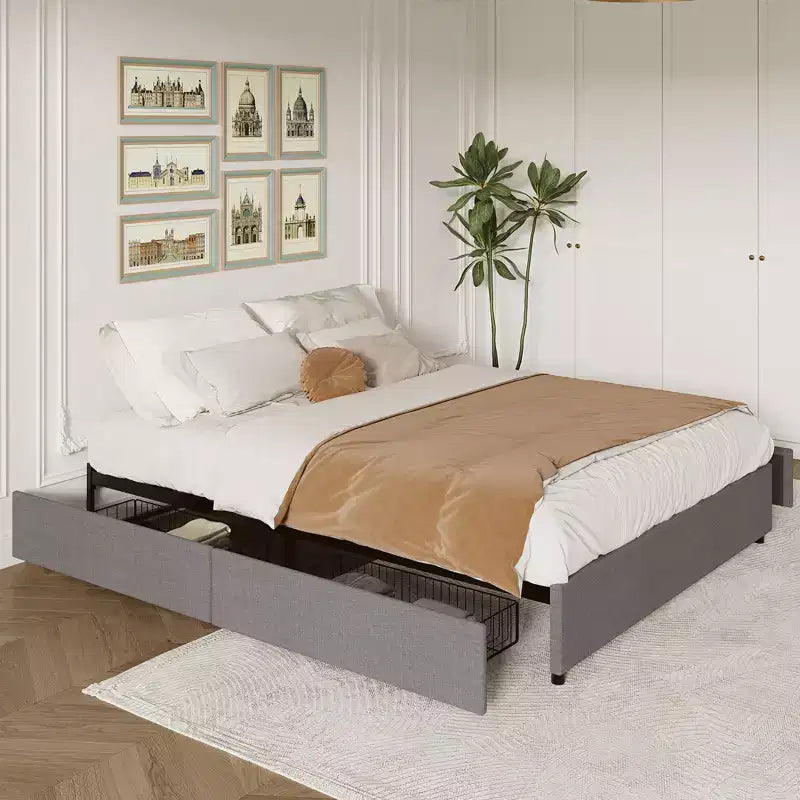 Platform Bed Frame with 4 Storage Drawers, Fabric Upholstered, Wooden Slats Support, No Box Spring Needed, Noise Free, Easy Assembly