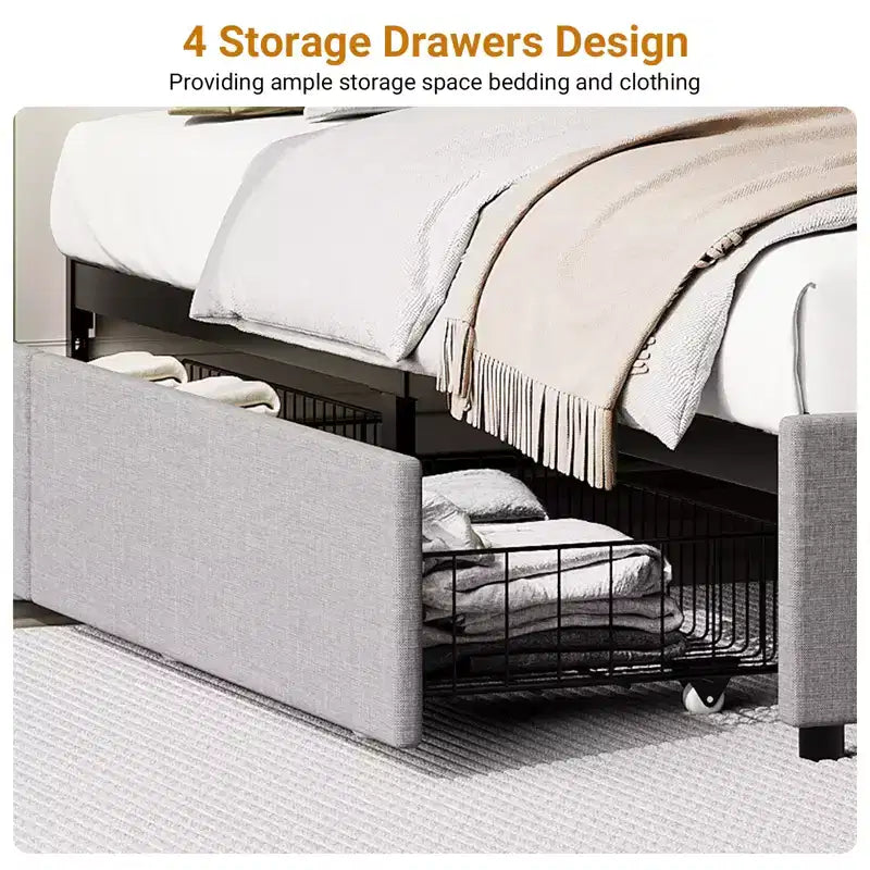 Platform Bed Frame with 4 Storage Drawers, Fabric Upholstered, Wooden Slats Support, No Box Spring Needed, Noise Free, Easy Assembly