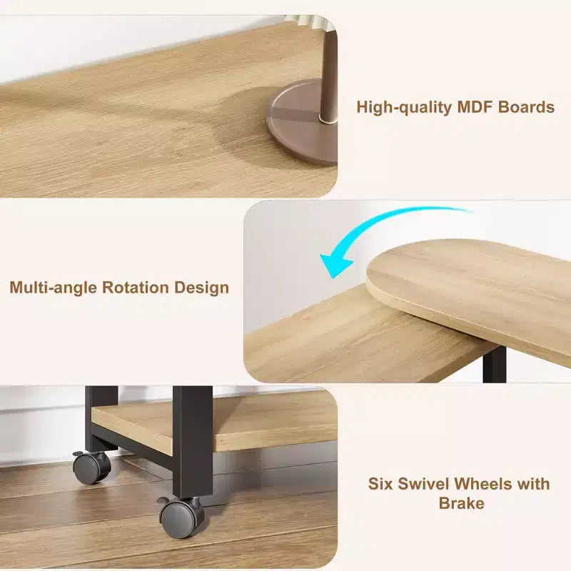 360 Rotating Sofa Side Table 2-Tier Movable End Table Extra Storage Pocket, 6 Lockable Swivel Wheels, Versatile Couch Table
