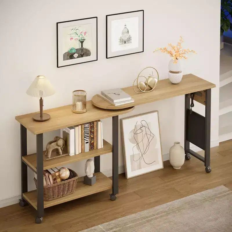 360 Rotating Sofa Side Table 2-Tier Movable End Table Extra Storage Pocket, 6 Lockable Swivel Wheels, Versatile Couch Table