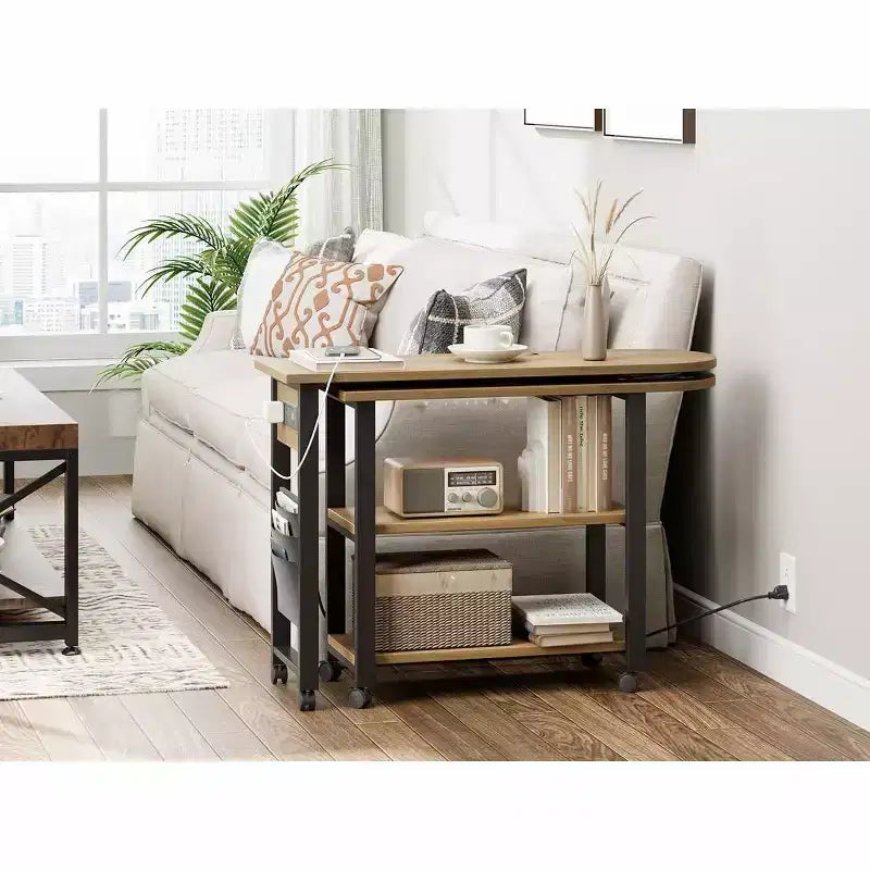 360 Rotating Sofa Side Table 2-Tier Movable End Table Extra Storage Pocket, 6 Lockable Swivel Wheels, Versatile Couch Table