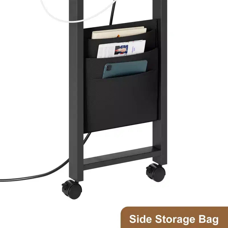 360 Rotating Sofa Side Table 2-Tier Movable End Table Extra Storage Pocket, 6 Lockable Swivel Wheels, Versatile Couch Table
