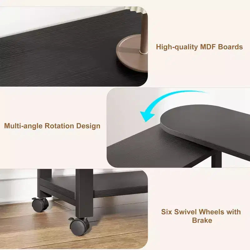 360 Rotating Sofa Side Table 2-Tier Movable End Table Extra Storage Pocket, 6 Lockable Swivel Wheels, Versatile Couch Table