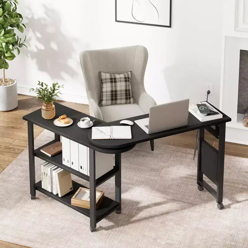 360 Rotating Sofa Side Table 2-Tier Movable End Table Extra Storage Pocket, 6 Lockable Swivel Wheels, Versatile Couch Table