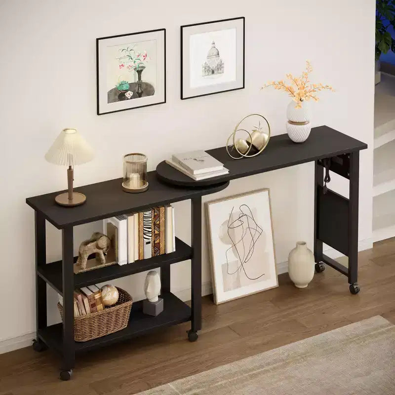 360 Rotating Sofa Side Table 2-Tier Movable End Table Extra Storage Pocket, 6 Lockable Swivel Wheels, Versatile Couch Table