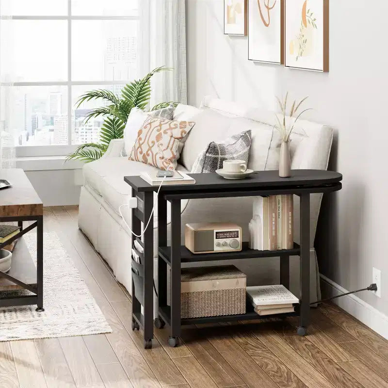 360 Rotating Sofa Side Table 2-Tier Movable End Table Extra Storage Pocket, 6 Lockable Swivel Wheels, Versatile Couch Table