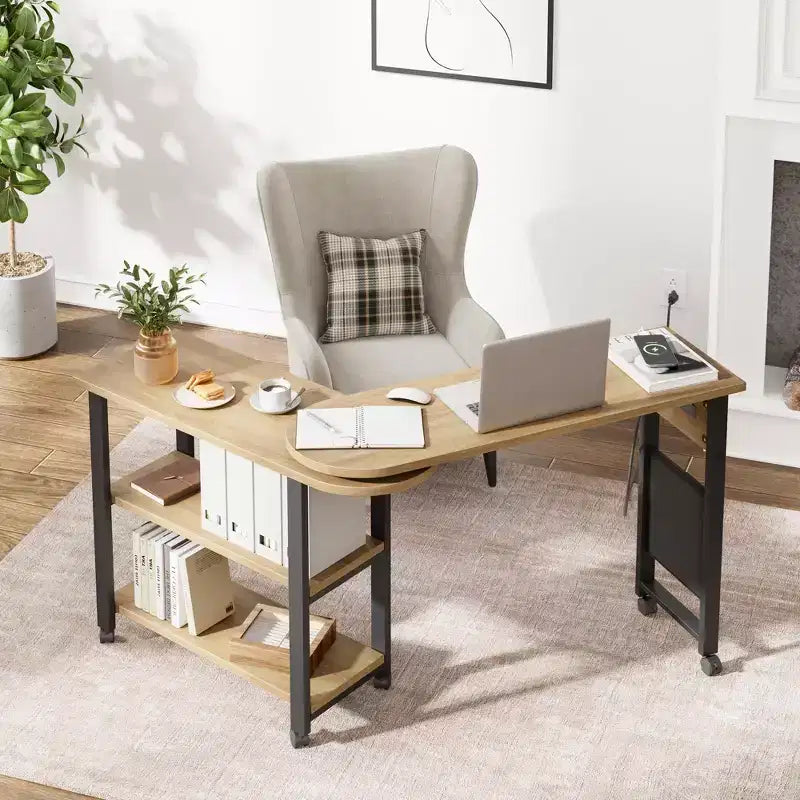 360 Rotating Sofa Side Table 2-Tier Movable End Table Extra Storage Pocket, 6 Lockable Swivel Wheels, Versatile Couch Table
