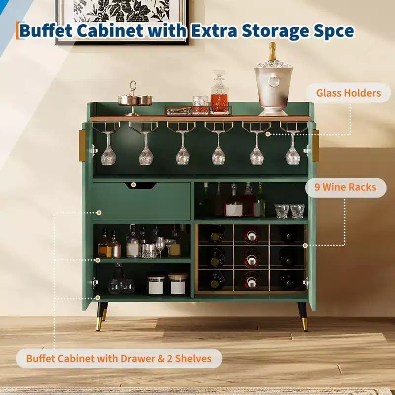 Wine Cabinet, Wine Bar Cabinet with Fluted Doors, Modern Small Buffet Sideboard with Wine Rack & Glass Holders
