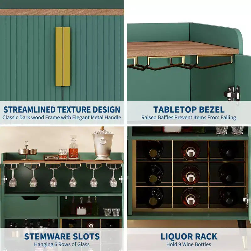 Wine Cabinet, Wine Bar Cabinet with Fluted Doors, Modern Small Buffet Sideboard with Wine Rack & Glass Holders