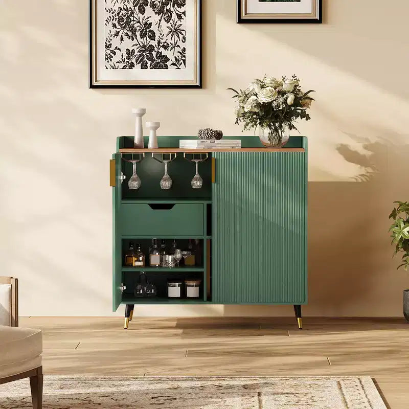 Wine Cabinet, Wine Bar Cabinet with Fluted Doors, Modern Small Buffet Sideboard with Wine Rack & Glass Holders