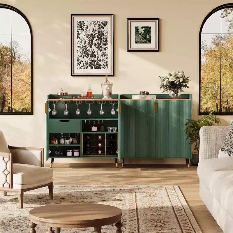 Wine Cabinet, Wine Bar Cabinet with Fluted Doors, Modern Small Buffet Sideboard with Wine Rack & Glass Holders
