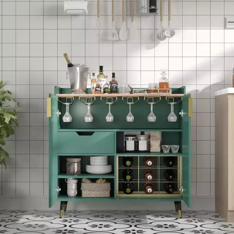 Wine Cabinet, Wine Bar Cabinet with Fluted Doors, Modern Small Buffet Sideboard with Wine Rack & Glass Holders