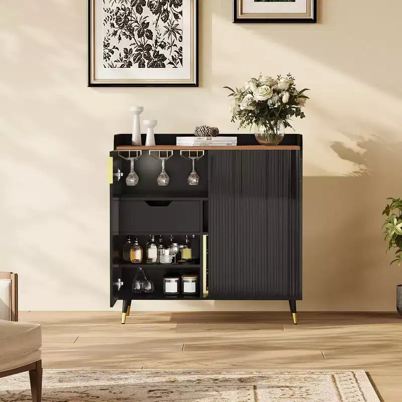 Wine Cabinet, Wine Bar Cabinet with Fluted Doors, Modern Small Buffet Sideboard with Wine Rack & Glass Holders