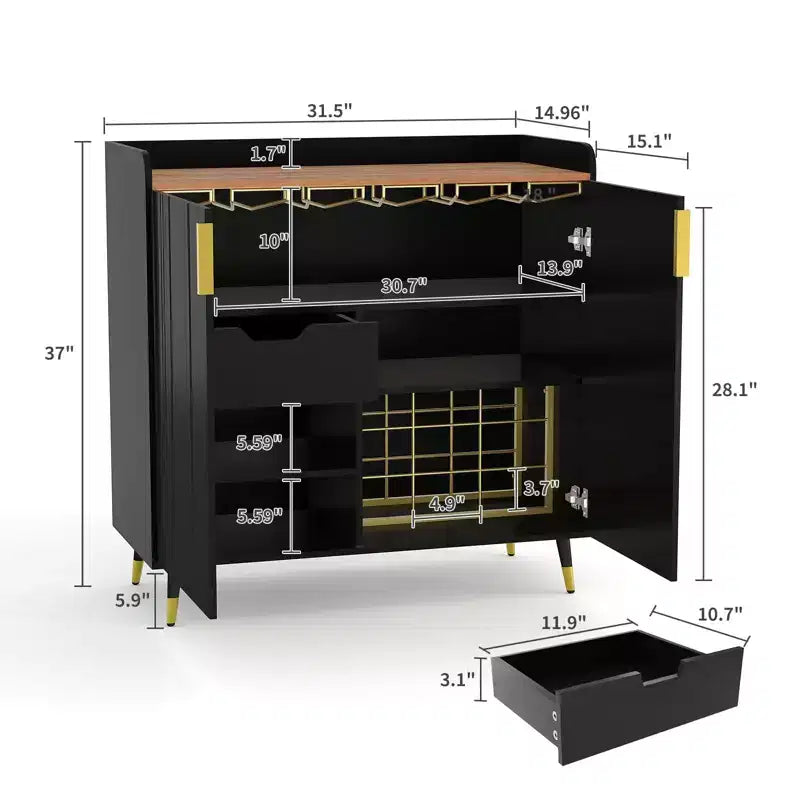 Wine Cabinet, Wine Bar Cabinet with Fluted Doors, Modern Small Buffet Sideboard with Wine Rack & Glass Holders